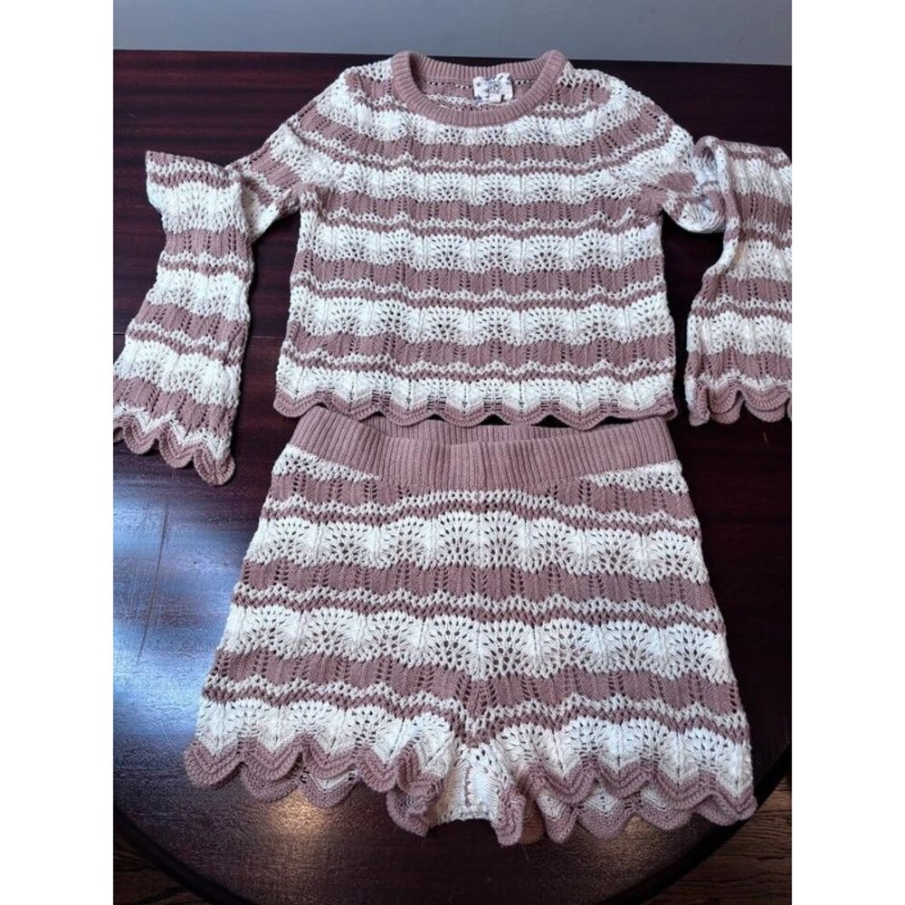 Crochet Knit Sweater Skort Set Bell Sleeve Boho Cottagecore XS